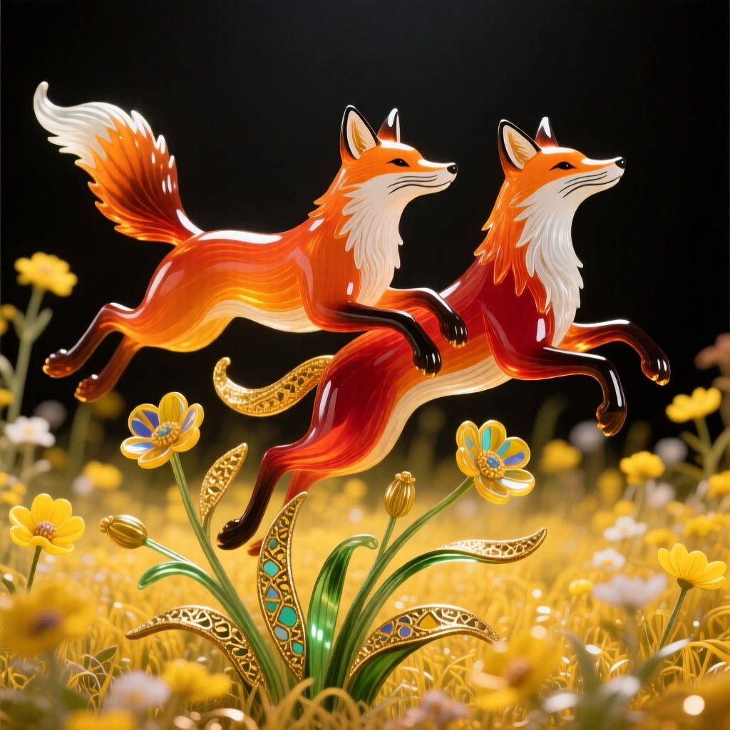 A pair of foxes leaping together through a field of golden wildflowers, playful and joyful.