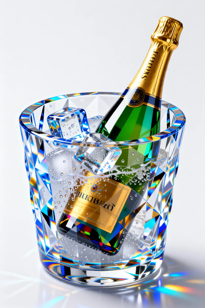 An elegant crystal ice bucket with champagne chilling, condensation forming.