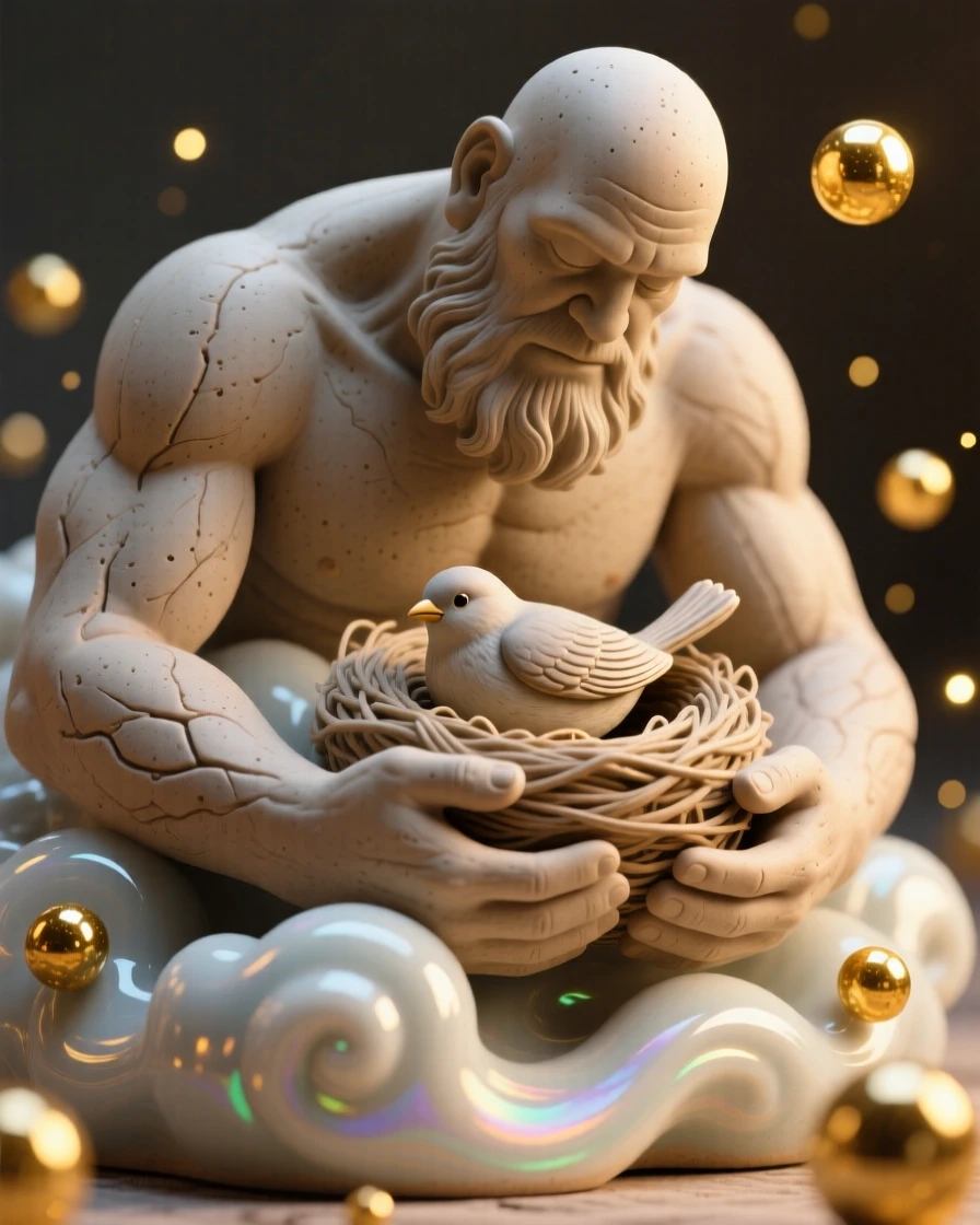 A benevolent giant cradling a small bird curled peacefully in a nest of clouds, surrounded by drifting motes of golden light, capturing the enchantment of forgotten legend.