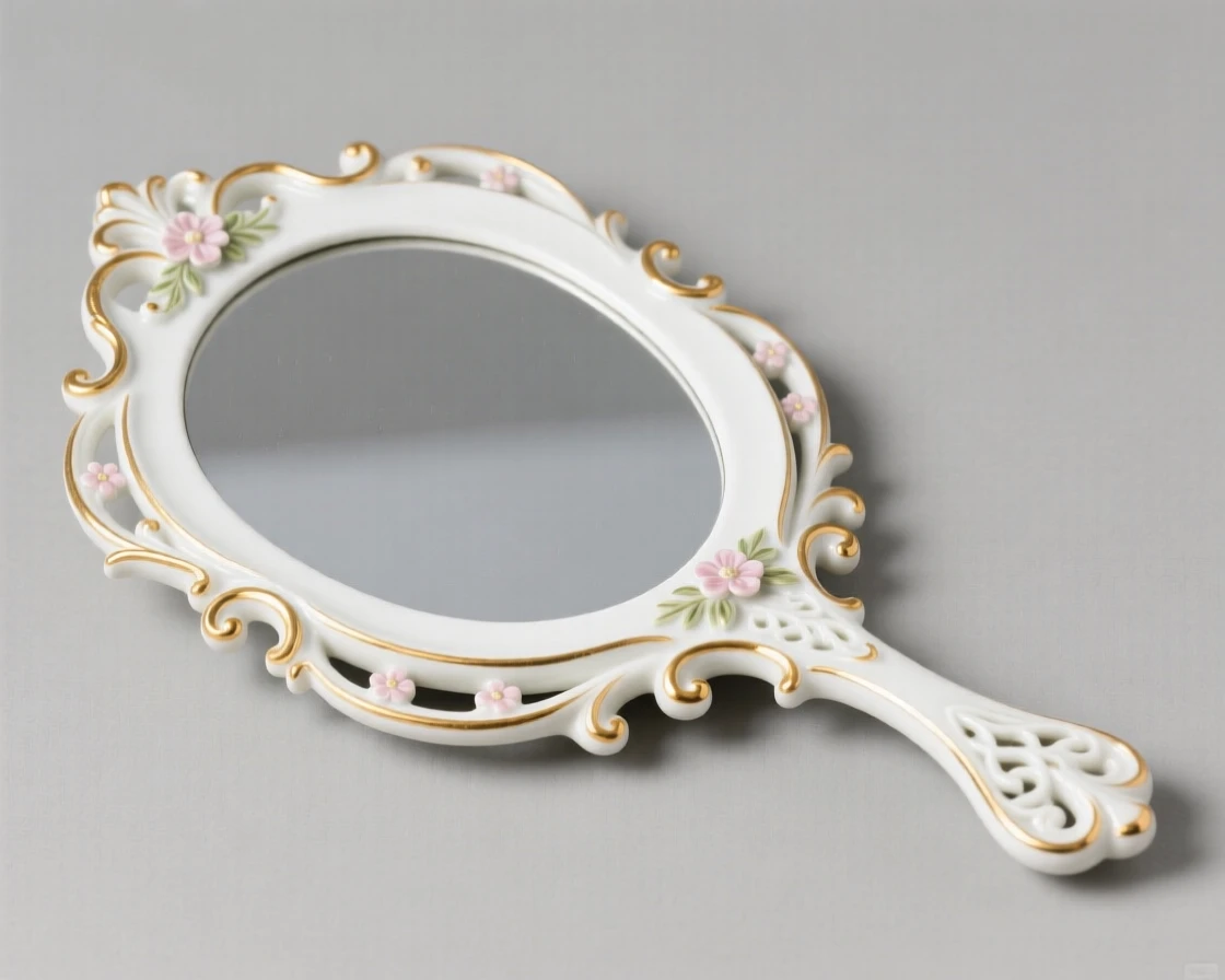An elegant ornate hand mirror with a gilded frame, exquisitely detailed and finely crafted.