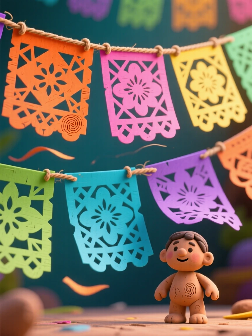 A colorful Mexican papel picado banner fluttering in a breeze