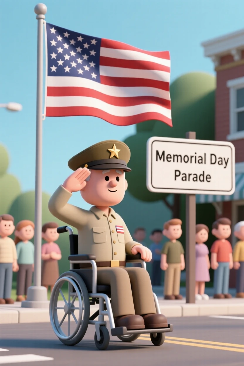 A proud disabled veteran salutes a passing flag during a small town Memorial Day parade.