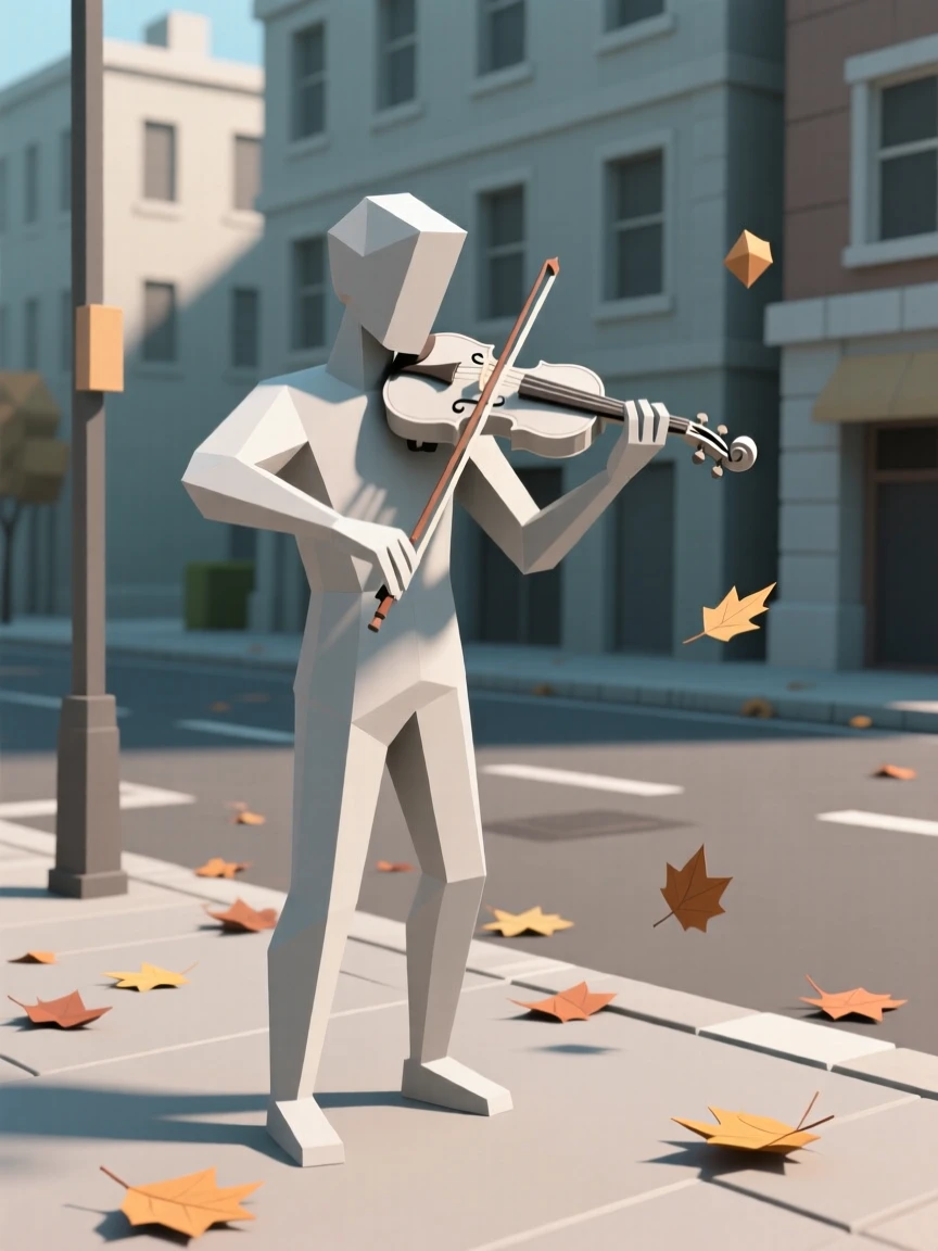 A violinist performing on an empty city street, beneath falling autumn leaves. natural light enhances the authenticity of the scene. There is a quiet sense of determination.