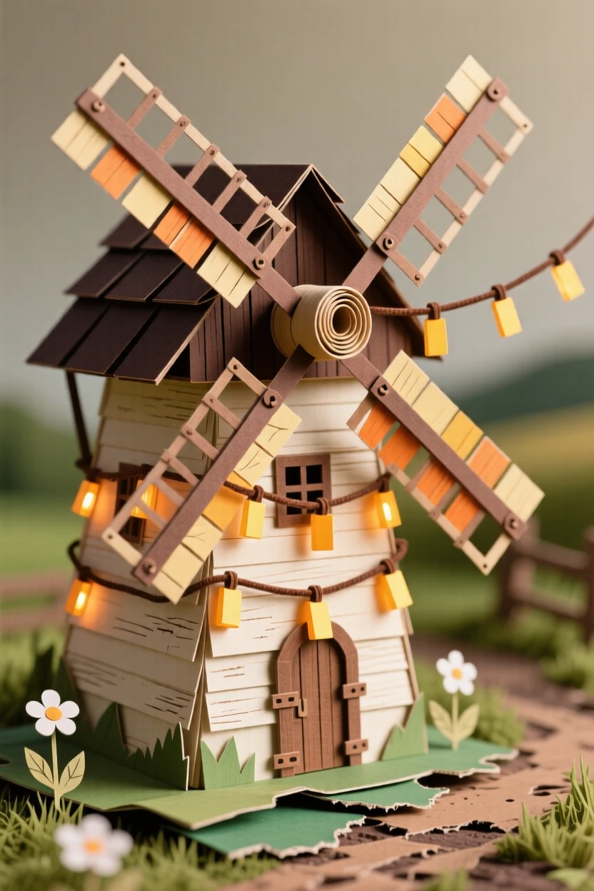 A rustic countryside windmill illuminated by strings of warm lights, with fine architectural symmetry drawing the eye, evoking timeless grandeur and reverence.