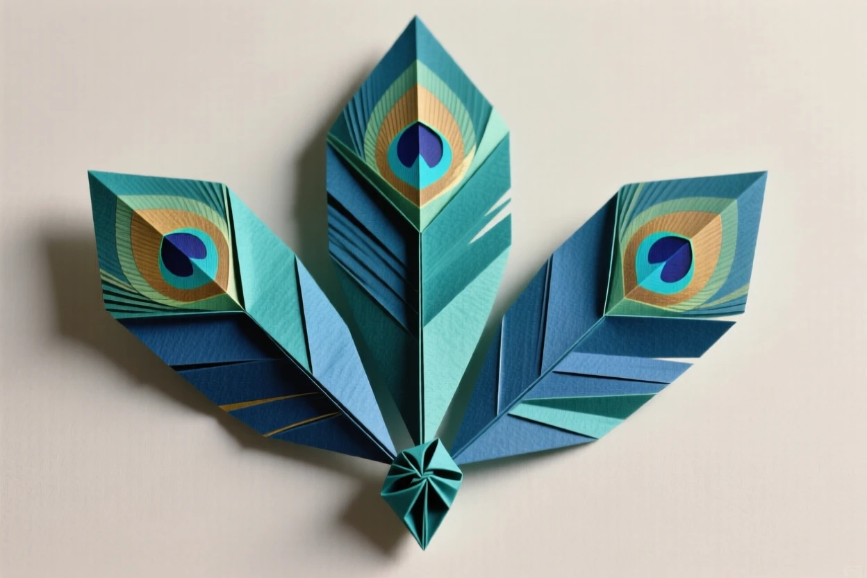 A stylized peacock feather trio fanning outward from a central point.