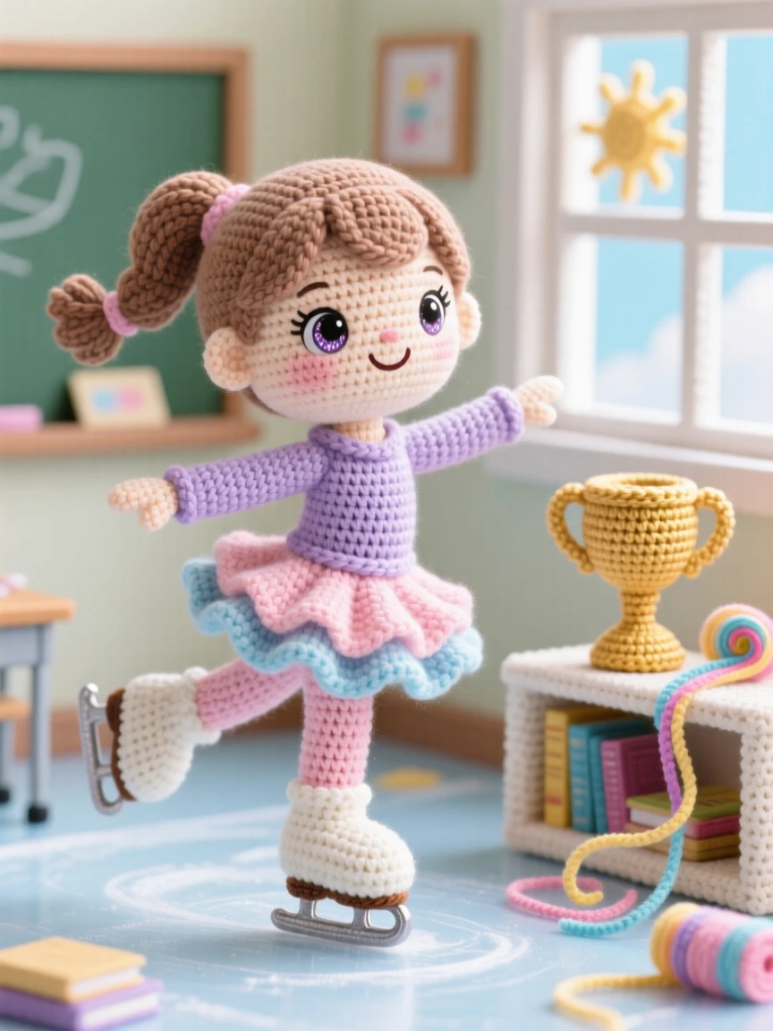 a little girl practicing figure skating, with a flowing skirt and graceful pose, gliding gracefully across the ice, in a bright classroom corner set up for a project, with a small trophy or ribbon nearby, radiating joyful discovery and playful learning.