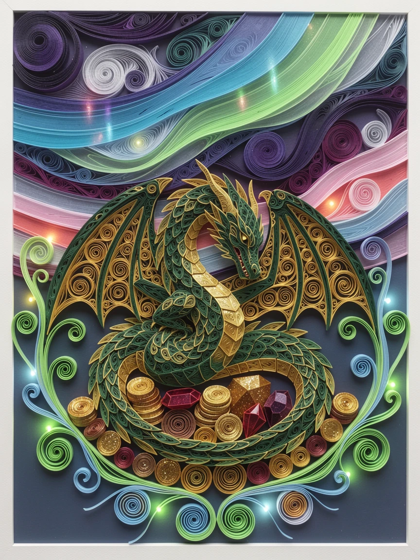 A magical fantasy scene of a majestic dragon curled protectively around a treasure hoard beneath a sky swirling with the northern lights, with soft bioluminescent glow illuminating the scene, framed by an arch of twisting glowing vines.
