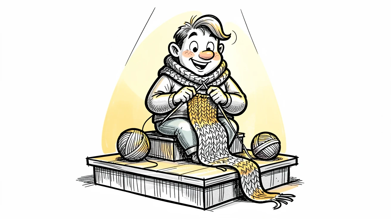A knitter wrapped in a half-finished scarf on a small stage under warm lights.