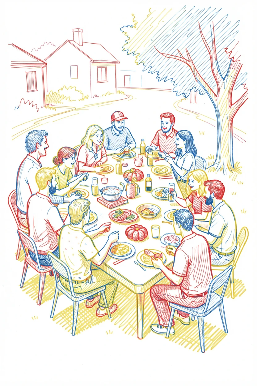 A festive block party with neighbors sharing food at long outdoor tables