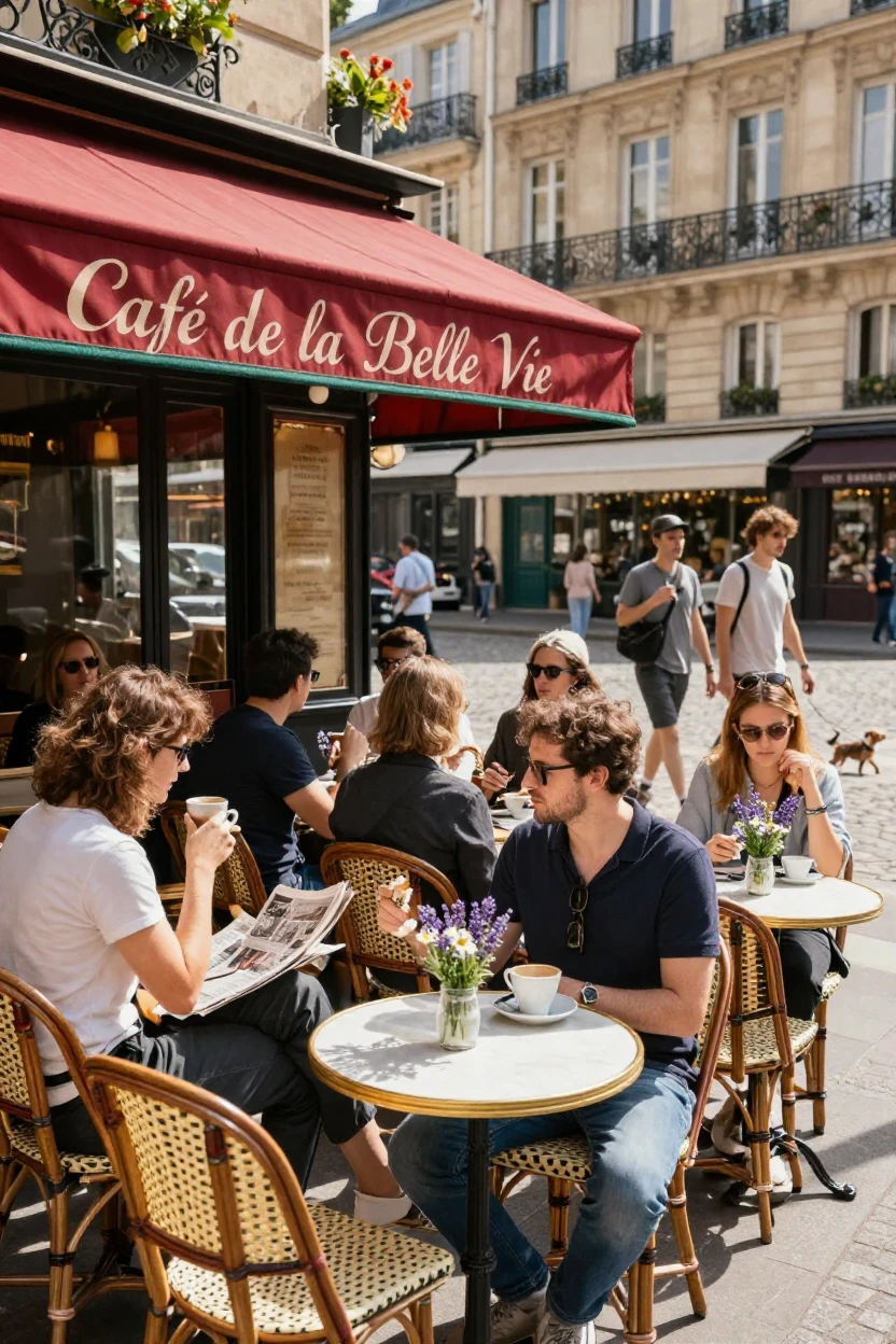 A French café terrace filled with people watching passersby