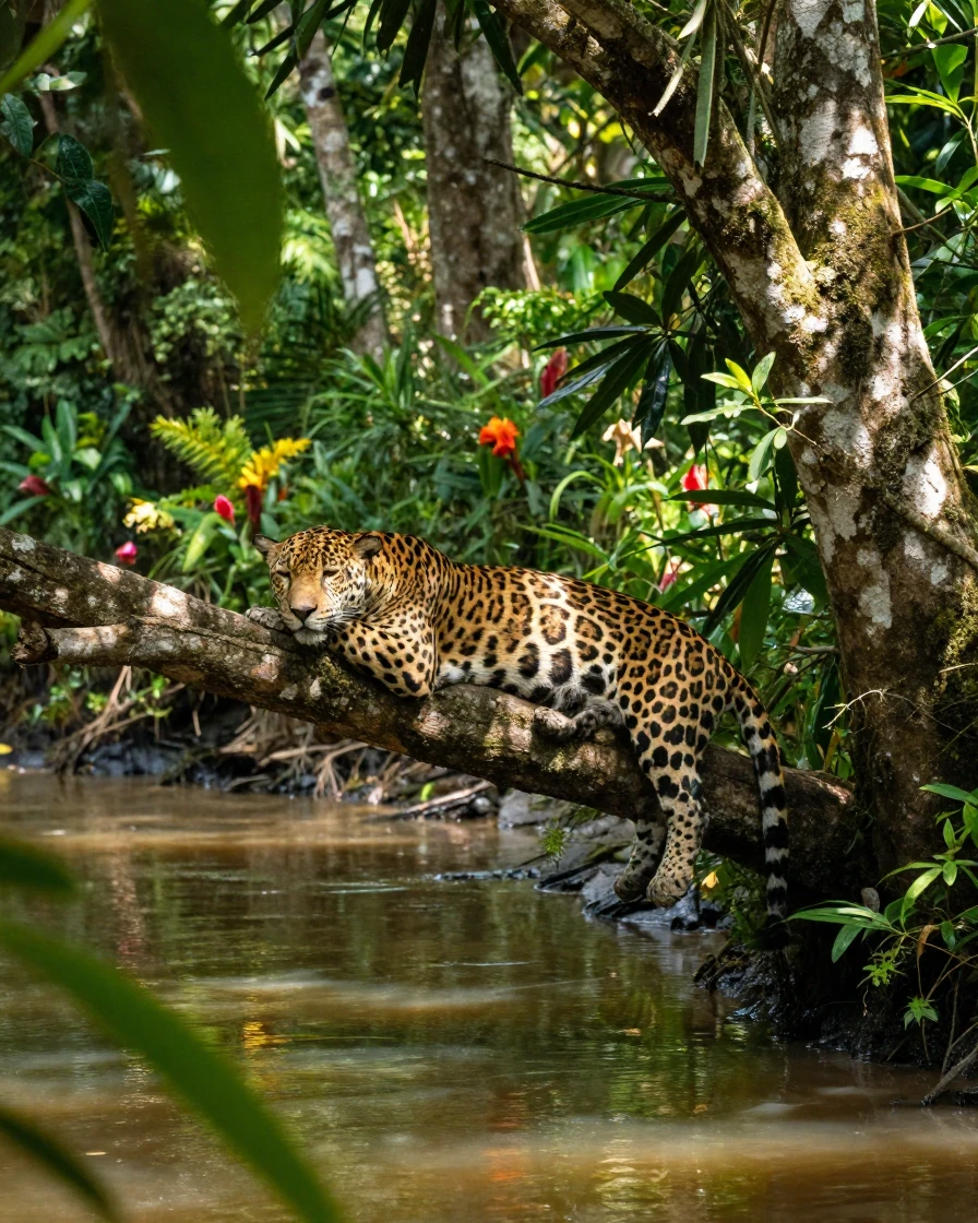A jaguar rests on a low tree branch overlooking a dense jungle river.
