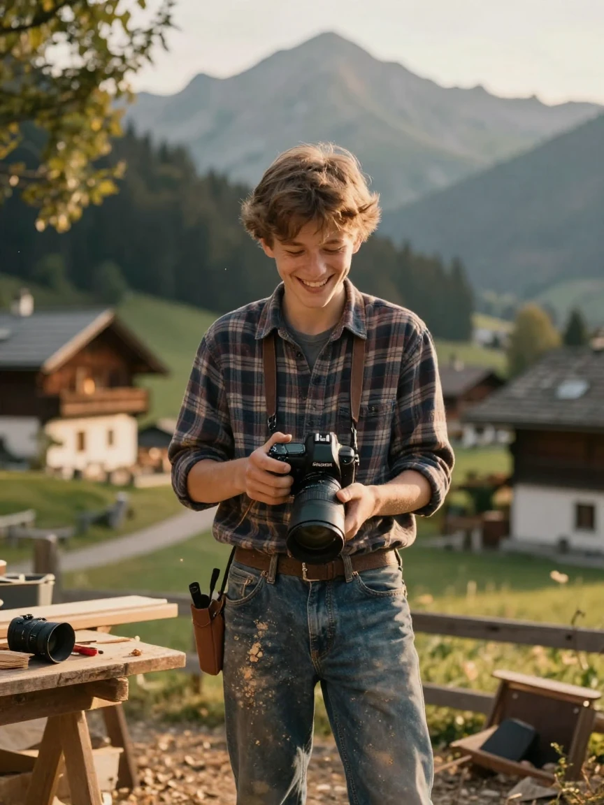 A teenage carpenter laughing warmly with closed eyes in a quiet mountain village, a gentle smile crossing their face