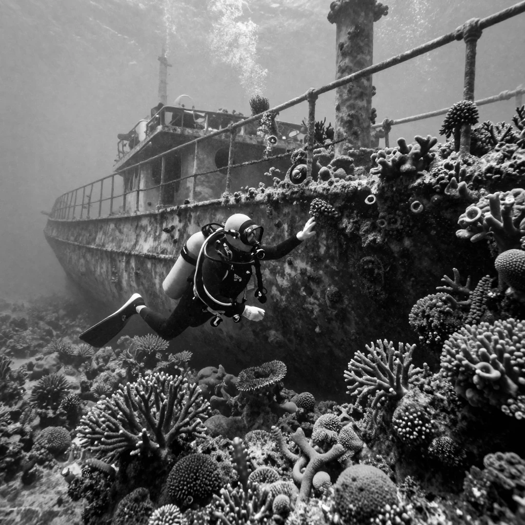 A deep-sea diver explores a sunken shipwreck beside a coral reef wreck.