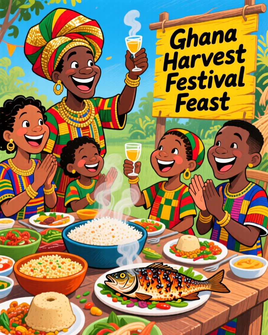 A family celebrating a traditional Ghanaian harvest festival feast.