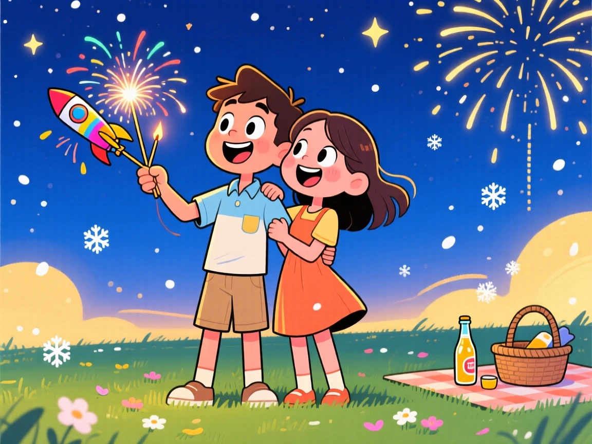 A festive celebration scene of a young couple lighting fireworks together on a warm summer night, as snow gently falls around them.