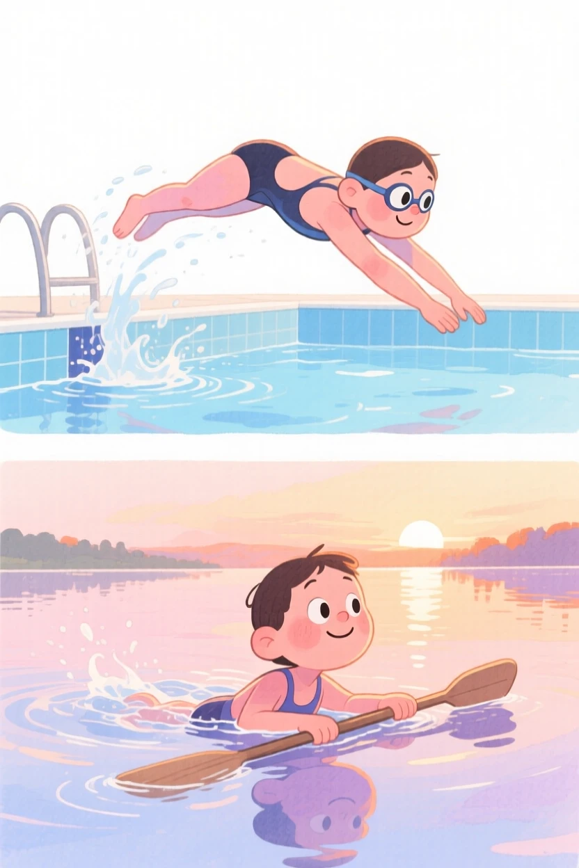 A swimmer diving into a pool paddling calmly across a glassy lake at sunrise