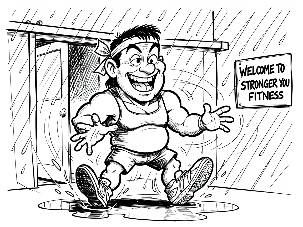 [Funny & Exaggerated Situations] Comical scene of an overconfident new gym member getting caught in a spontaneous rainstorm, exaggerated for maximum laughs