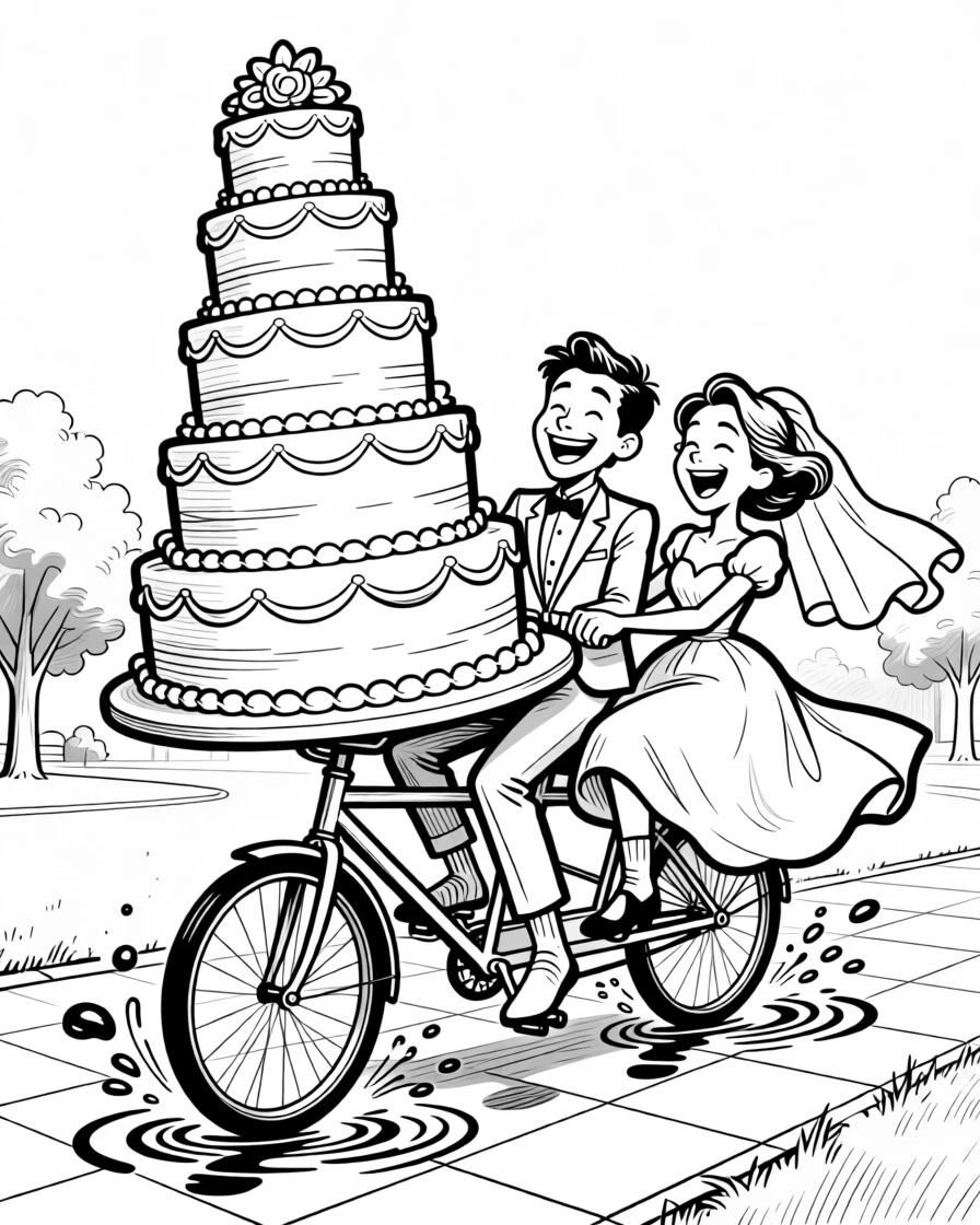 Two newlyweds laughing as they try to cut a towering cake, spinning slowly in socked feet across the tile, set on a wobbly tandem bicycle down a park path. Puddle ripples spread outward with every step. There's a tender sweetness beneath all the silliness.