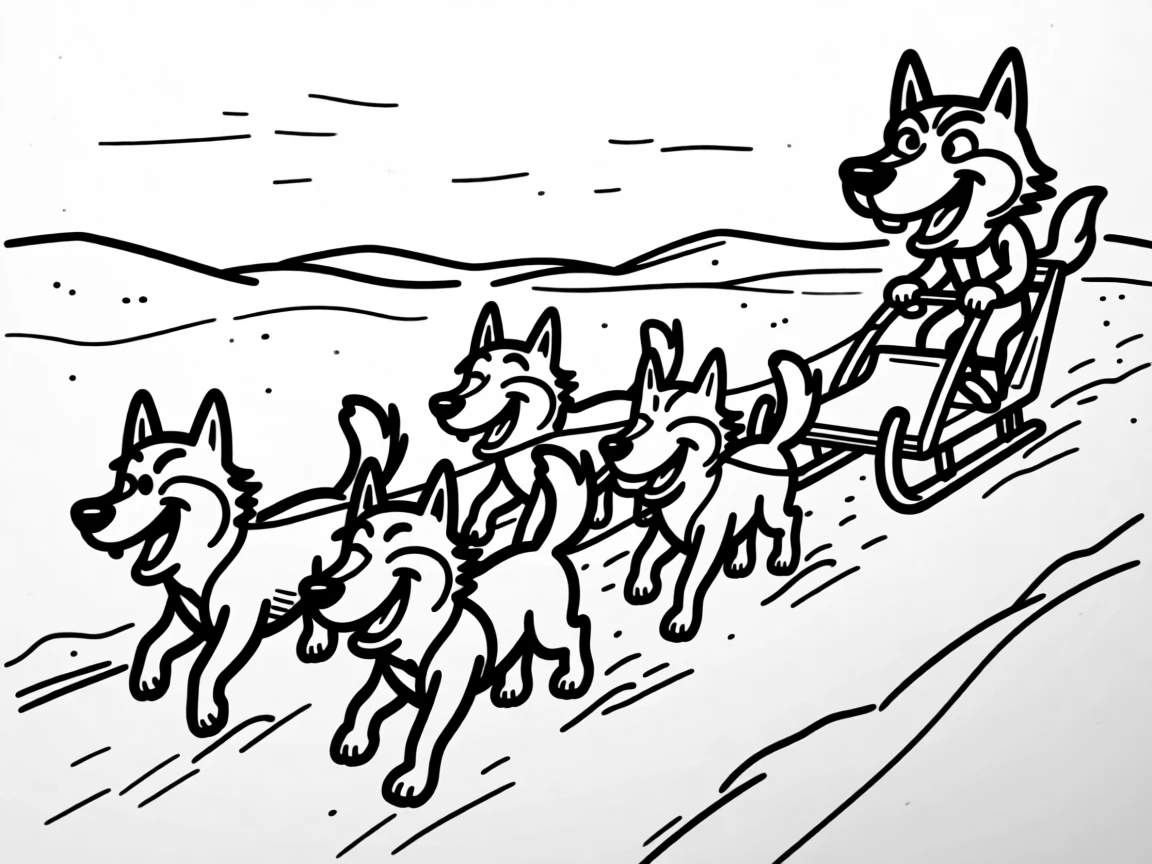 A team of huskies pulling a sled joyfully across a snowy Arctic landscape.