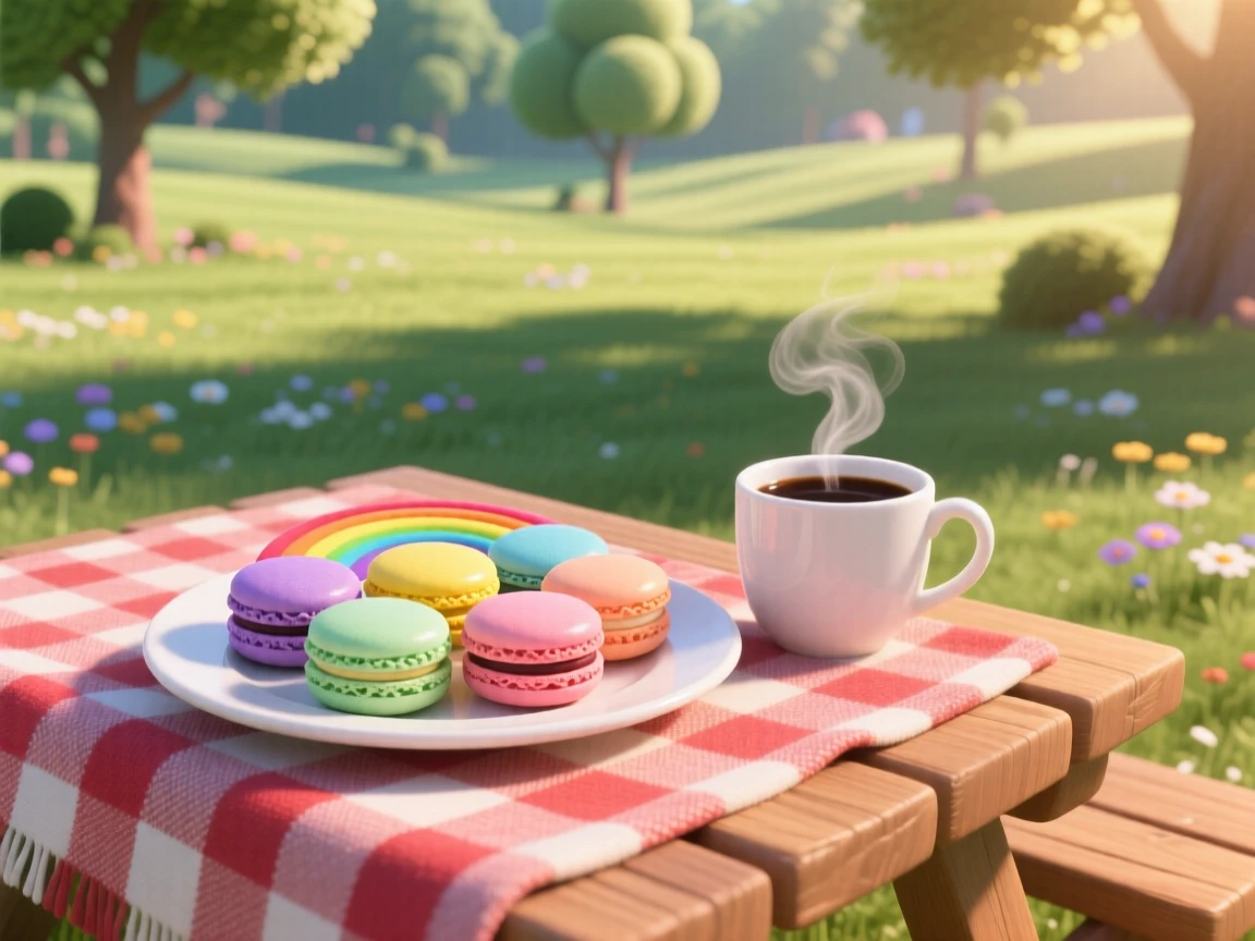 A rainbow of macarons arranged on a plate sits on a checkered picnic blanket in a park, next to a steaming cup of coffee. A comforting, homey feeling fills the moment.