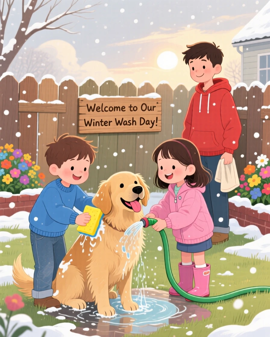 With her older brother close by, twin siblings is washing a happy dog in the backyard, while soft snow falls outside.