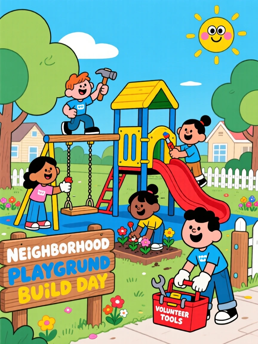 A group of volunteers building a playground for the neighborhood.