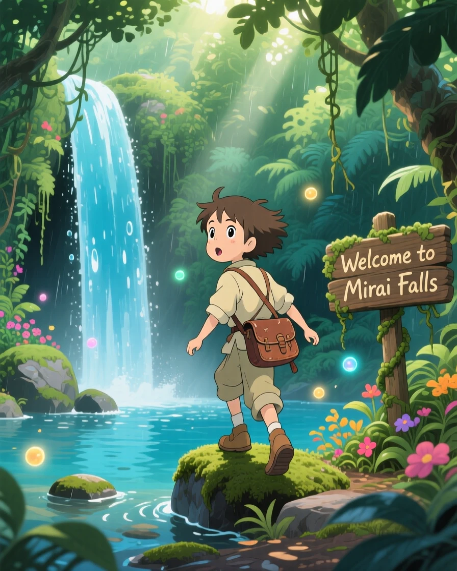 An explorer discovering a hidden waterfall deep in the jungle, the moment brimming with discovery.