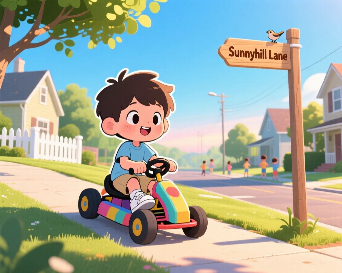 A small boy pedaling a tiny go-kart down a hill, framed as a silhouette composition within a sunny suburban street, under a clear summer sky, glowing under warm morning light filtering through leaves, evoking gentle surprise.