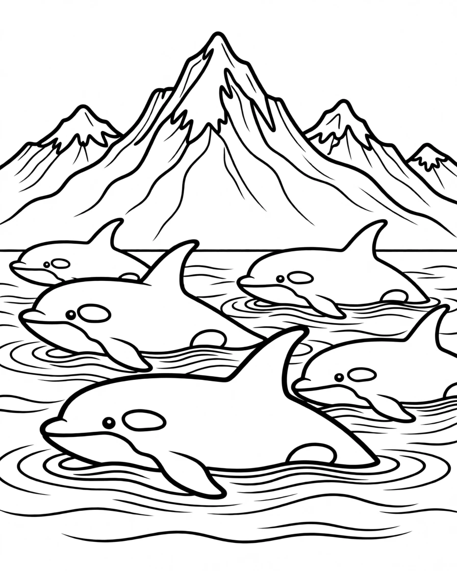 A pod of orcas swimming together near snowy mountains