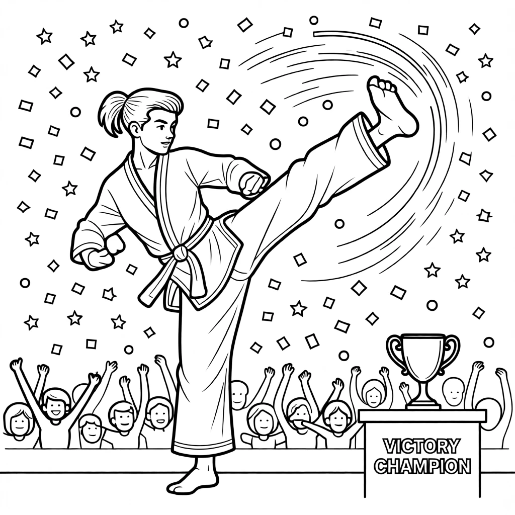A martial artist executing a high spinning kick, with confetti raining down after the winning moment.