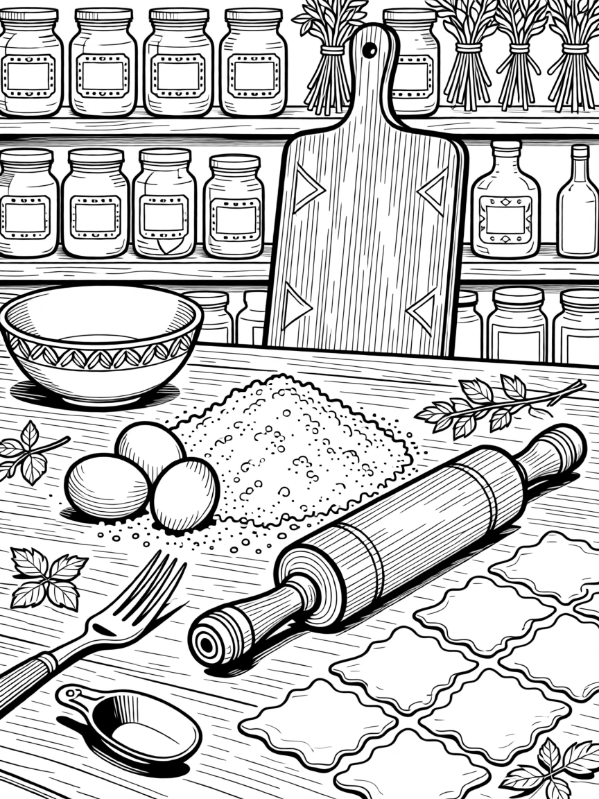 A rustic pasta-making scene with flour, eggs, and a wooden rolling pin.