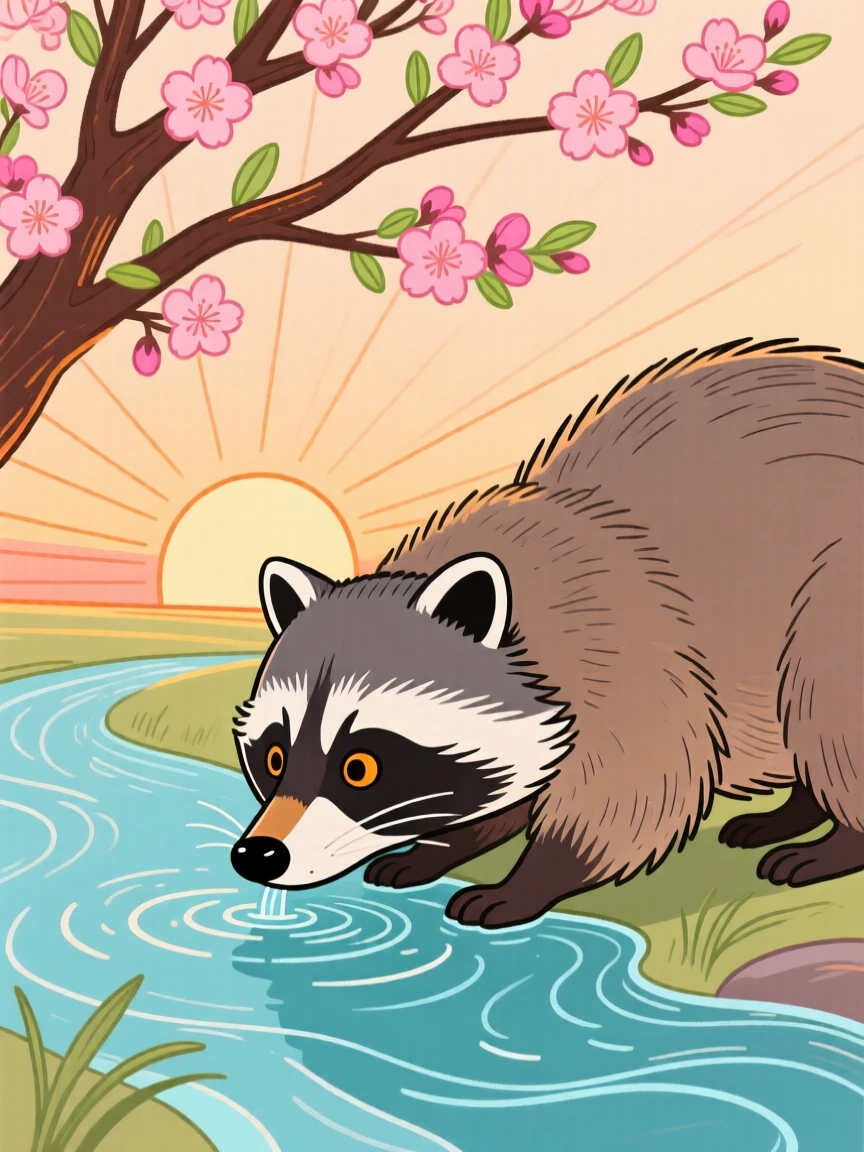 A curious raccoon drinking from a stream under a blossoming tree at sunrise.