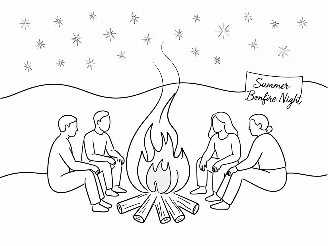A summer beach bonfire with friends gathered around under a starry sky