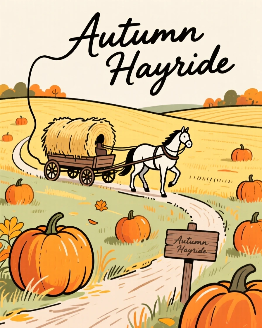 An autumn hayride through a golden pumpkin farm.