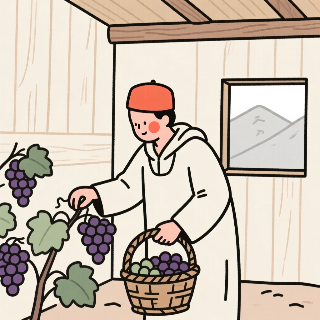 A vineyard of moroccan heritage worker at harvest, exuding gentle warmth, in a mountain cabin.