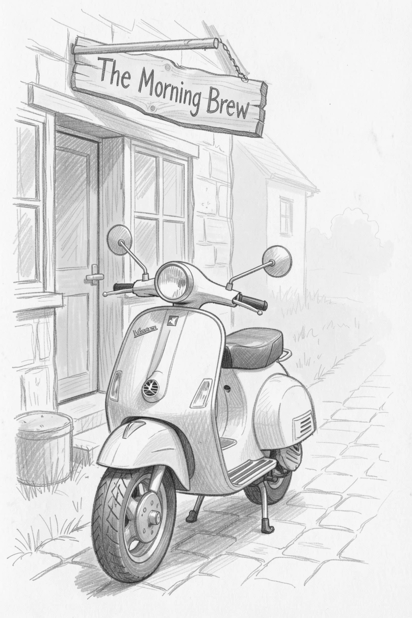A striking scene of a classic Vespa scooter parked outside a cafe on a quiet countryside lane, with soft morning fog rolling through the scene.