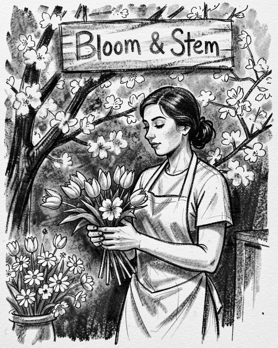 A florist arranging a bouquet of fresh spring flowers, beneath blossoming trees in full bloom.