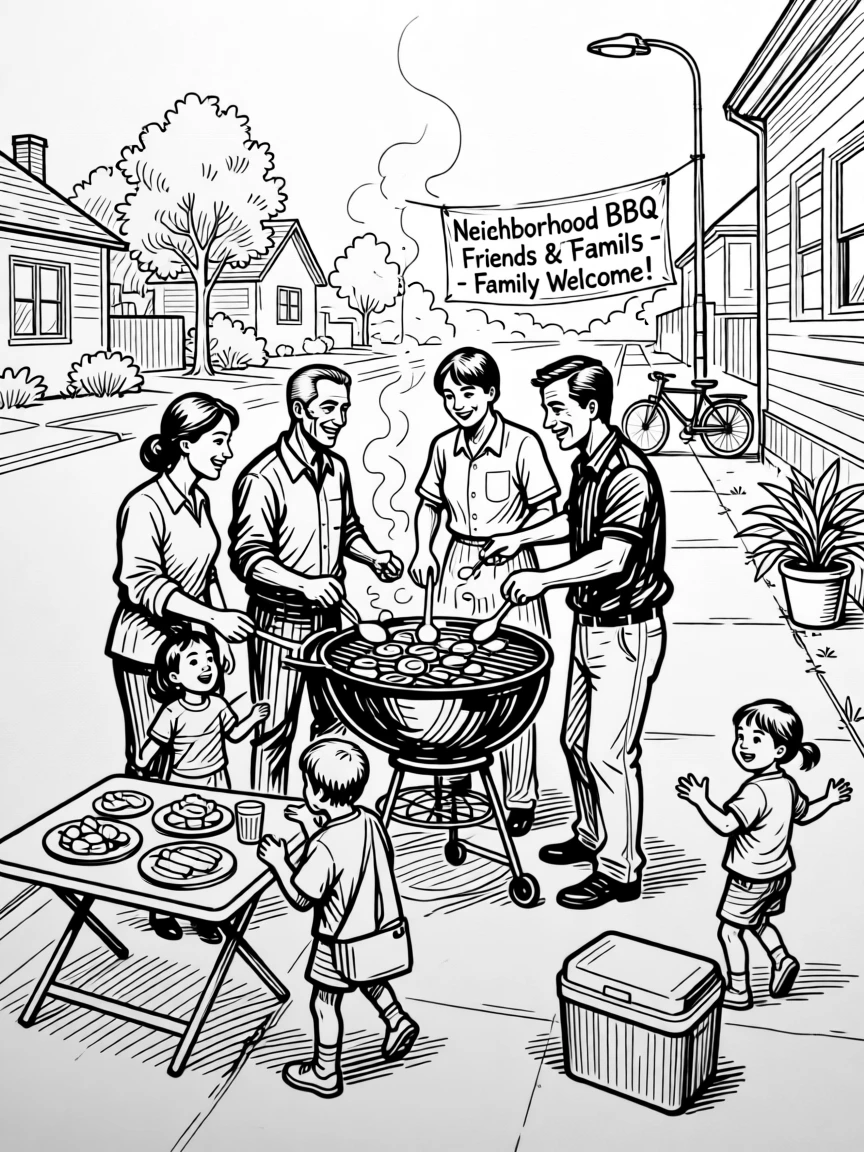 A group of neighbors gathered for a friendly street barbecue.