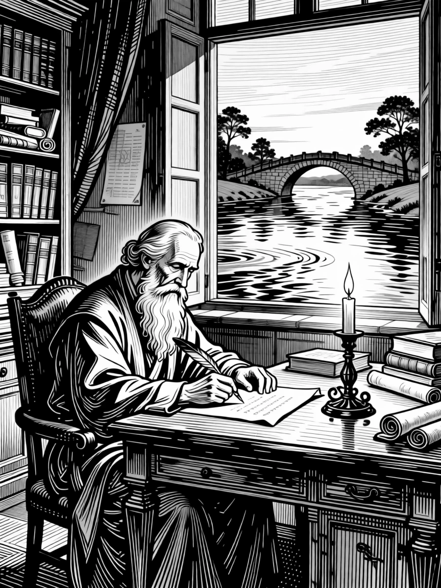 A scholar writing by candlelight in an old study beside a river that has flowed for generations, with the quiet dignity of long-held tradition, portrayed in an epic and majestic historical scene.