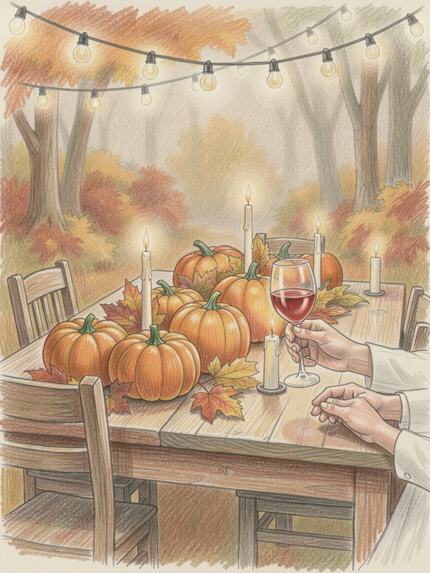 An autumn wedding reception decorated with pumpkins and string lights, captured in a quiet, intimate moment full of atmosphere, celebrating a moment people would love to revisit.