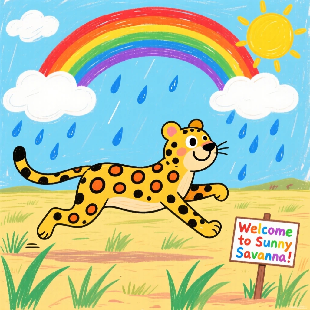 A cheetah sprinting across the savanna beneath a rainbow after a storm.