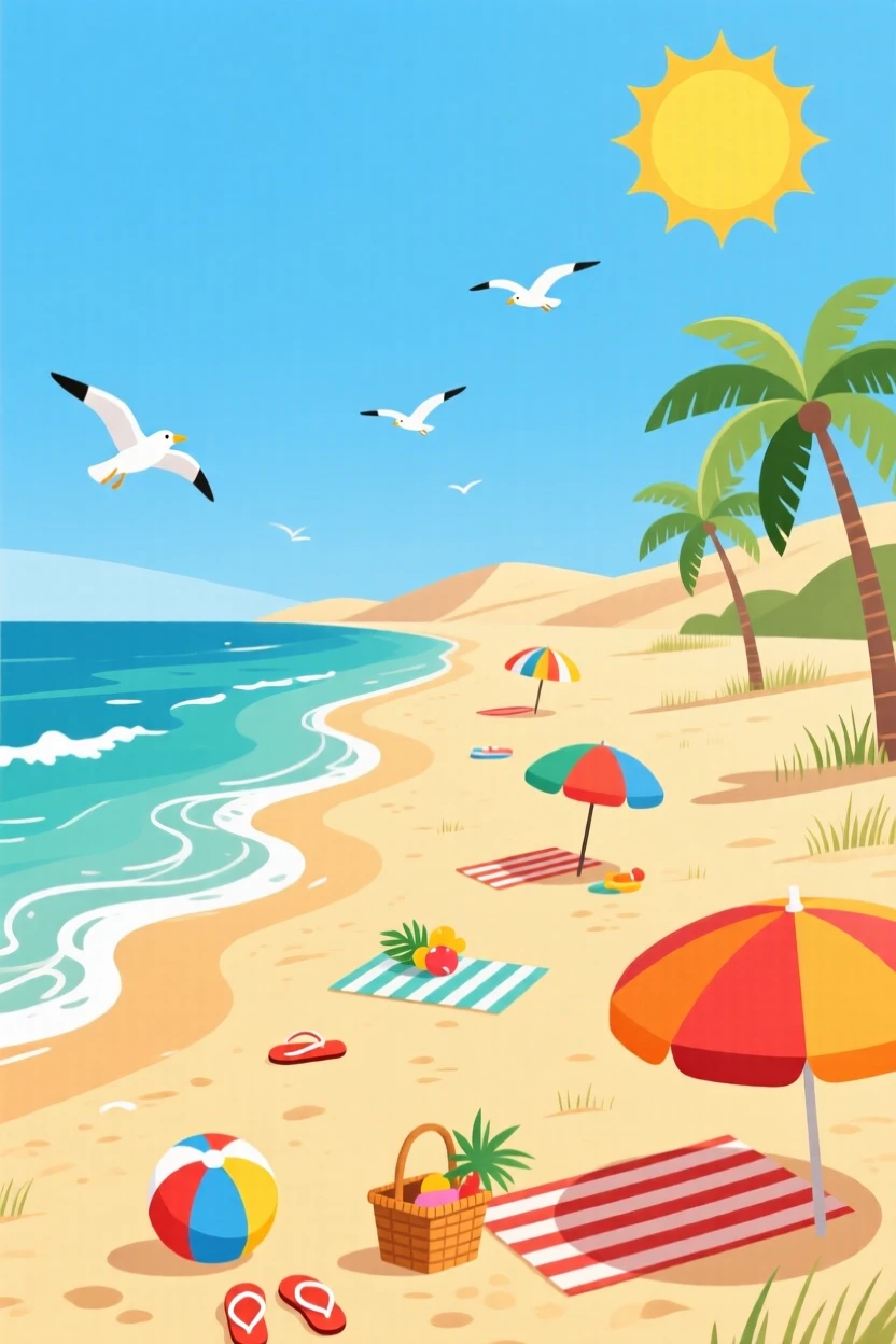 A sun-drenched beach scene bursting with summer energy, set within a peaceful outdoor seasonal scene, composed with balanced natural elements throughout, with a fresh, crisp atmosphere throughout.