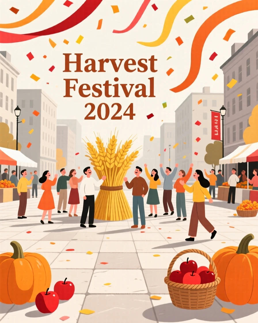 A harvest celebration with confetti and streamers filling a city plaza.