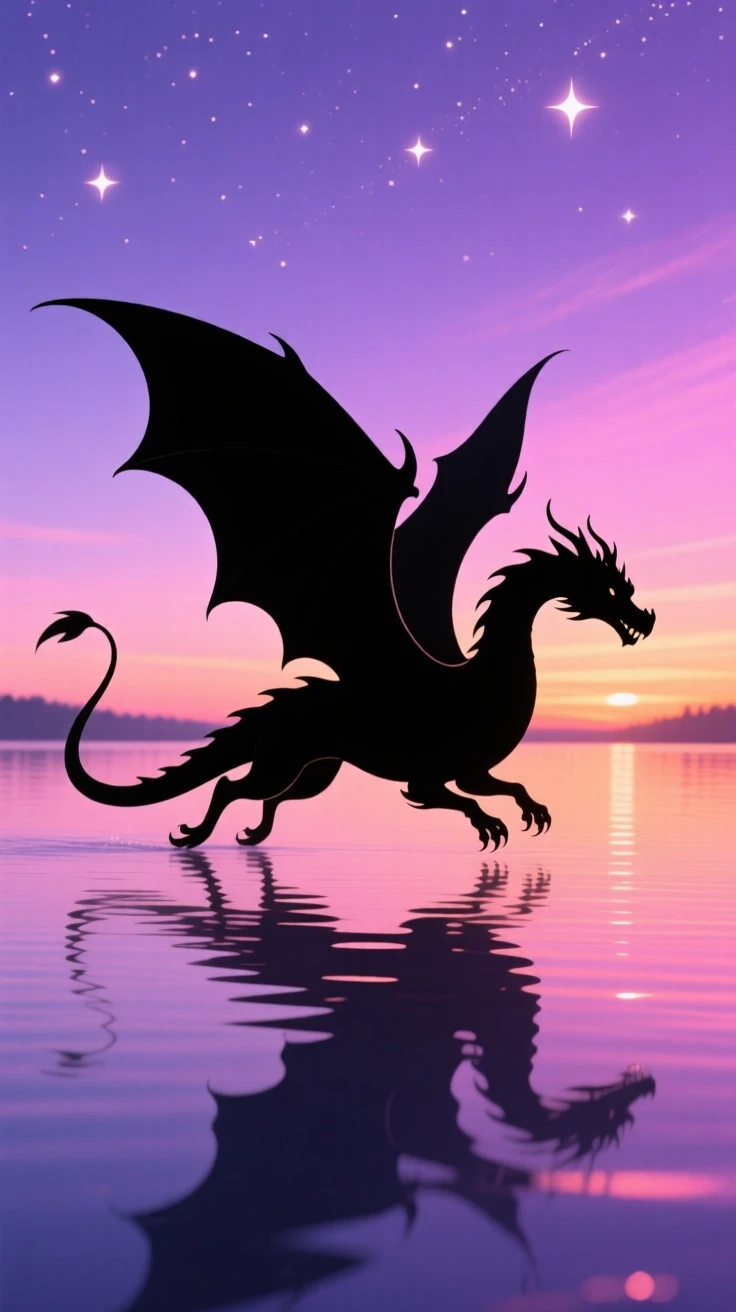 A dragon skimming low over the surface of a still enchanted lake.