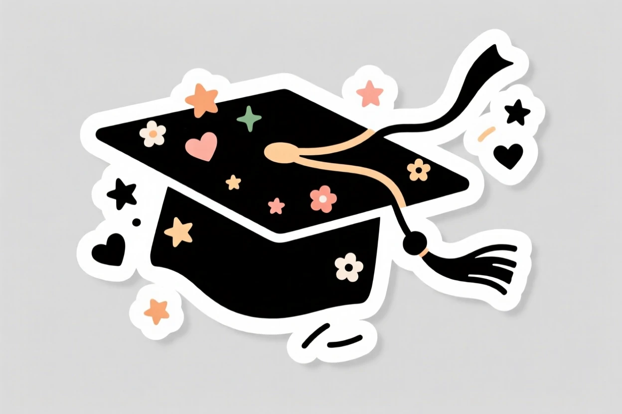 A cozy and heartwarming graduation cap tossed into the air, decorated with ribbons and small ornaments, during a beloved yearly tradition.