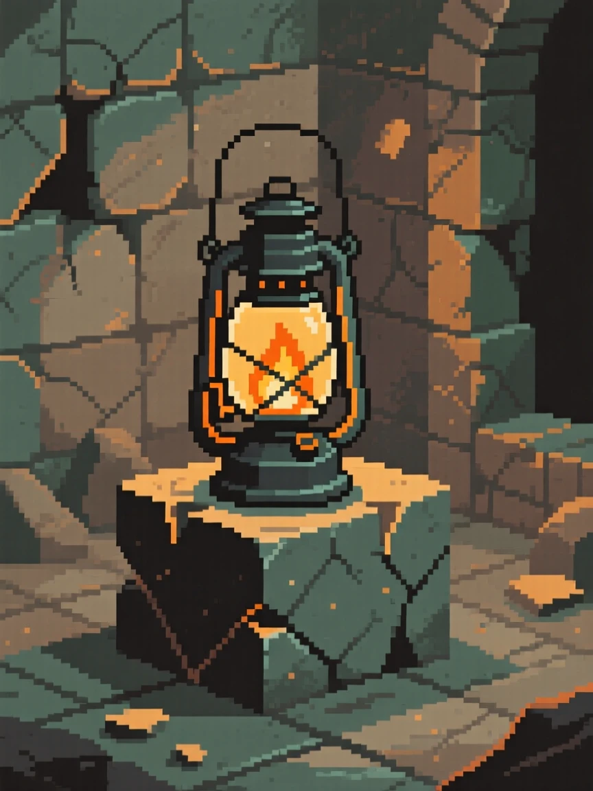 A lantern that never runs out of oil placed on a stone pedestal in a ruin, inside a forgotten temple chamber.