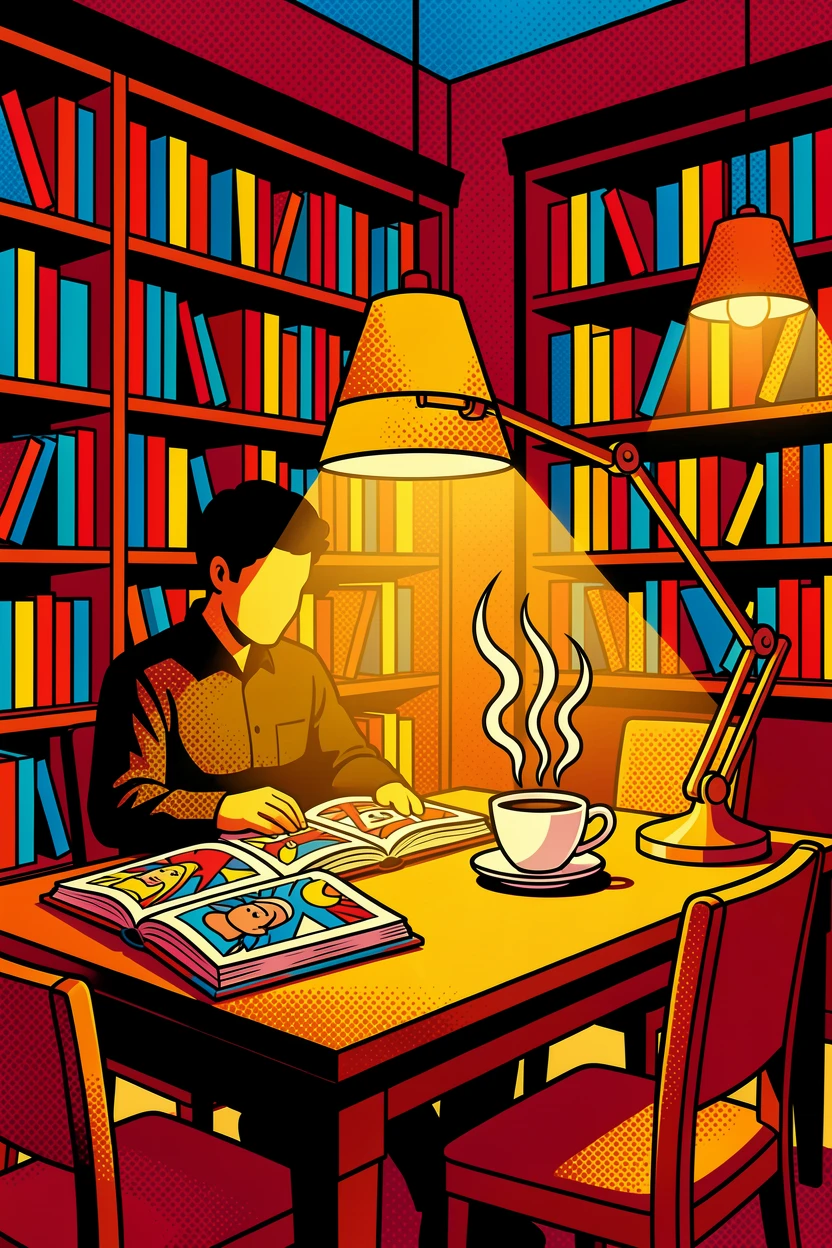 A quiet library reading room lit with warm lamp light