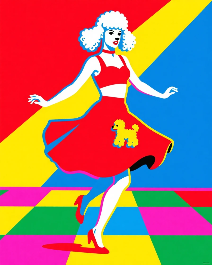 Retro poodle skirt twirling on a dance floor