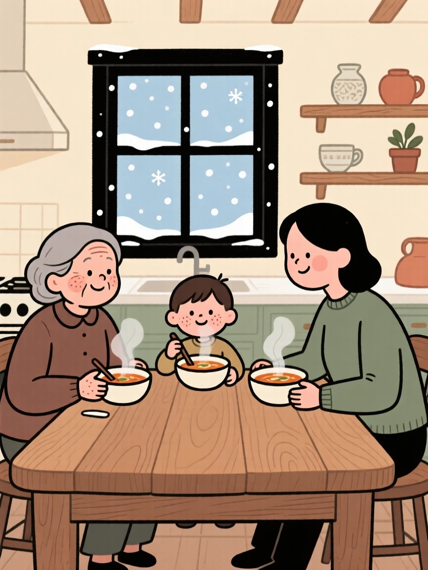Three generations of a family gather around a large wooden table in the farmhouse kitchen, sharing steaming bowls of soup and stories as snow falls softly beyond the window.