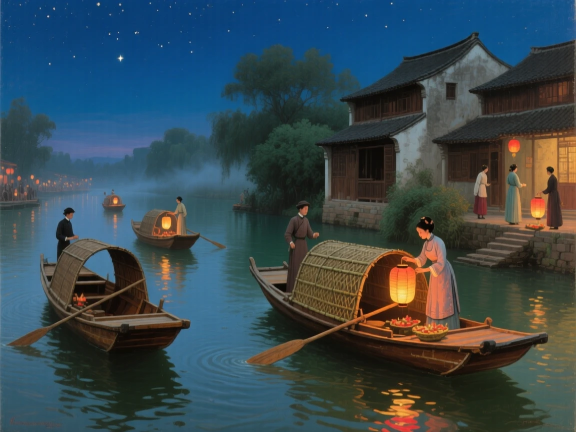 A balanced composition of lantern-lit boats drifting down a river during a nighttime festival, in rural China, in the Edwardian era.